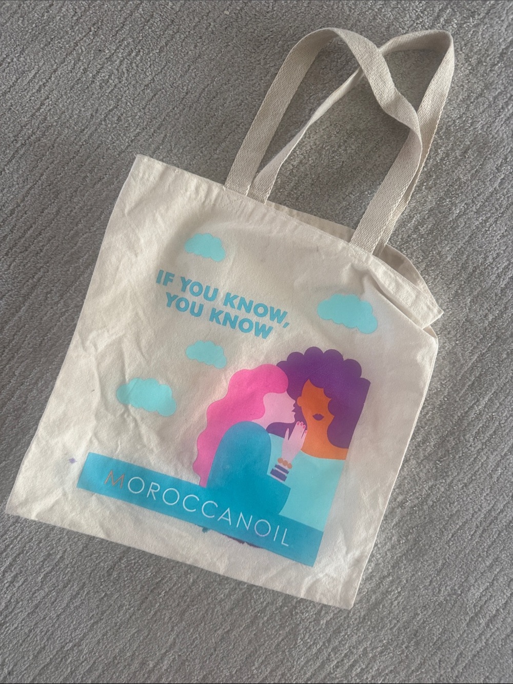 Moroccanoil Cream Tote with Pink, Purple & Blue Illustration
